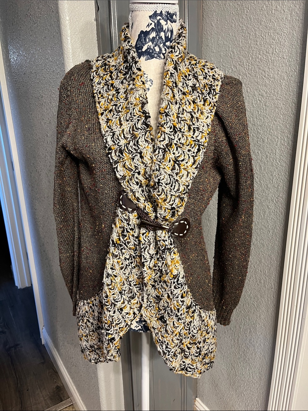 Chunky Shawl Collar Cardigan in Brown and Mustard